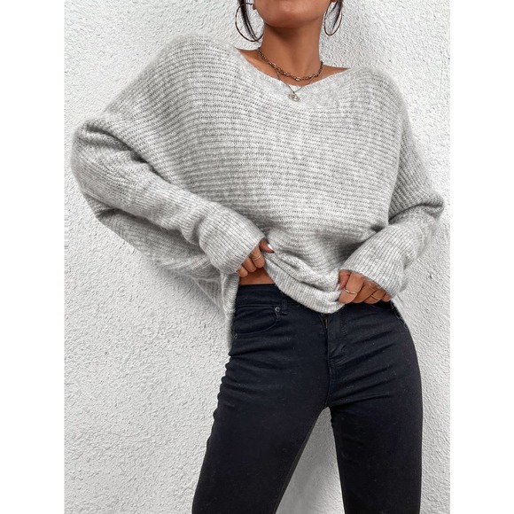 Off the Shoulder Batwing Sleeve ribbed knit soft Sweater gray - Picture 6 of 6